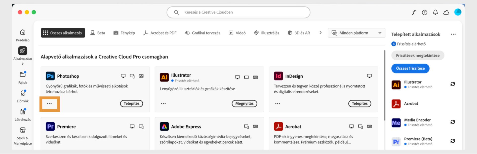 Az Összes alkalmazás lapon az összes Creative Cloud alkalmazás látható, az egyes alkalmazásokhoz tartozó három pont gombbal. 