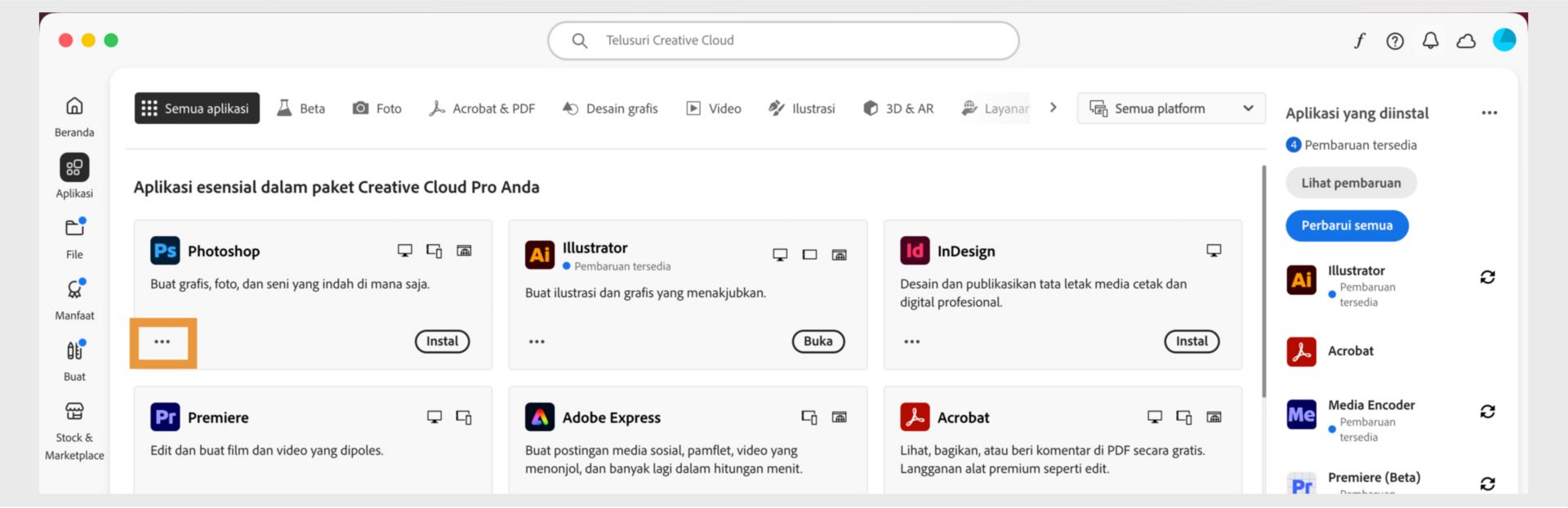 Tab Semua Aplikasi menampilkan semua Aplikasi Creative Cloud dengan tombol tiga titik untuk setiap aplikasi. 