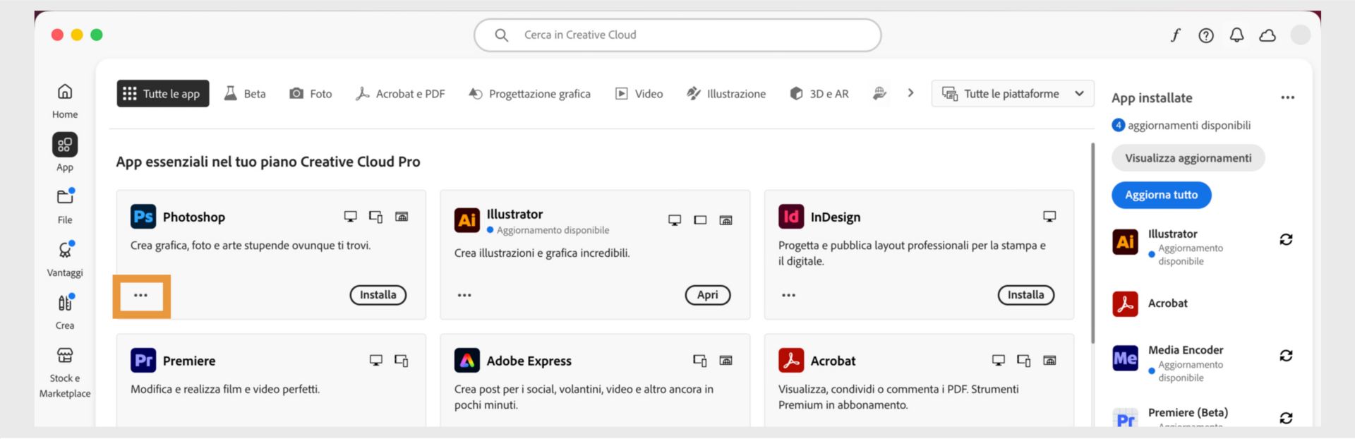 La scheda Tutte le applicazioni che mostra tutte le app Creative Cloud con il pulsante a tre punti per ciascuna app. 