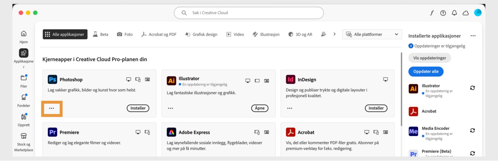 Fanen "Alle applikasjoner" viser alle Creative Cloud-applikasjonene, og hver applikasjon blir vist med knappen med tre prikker. 