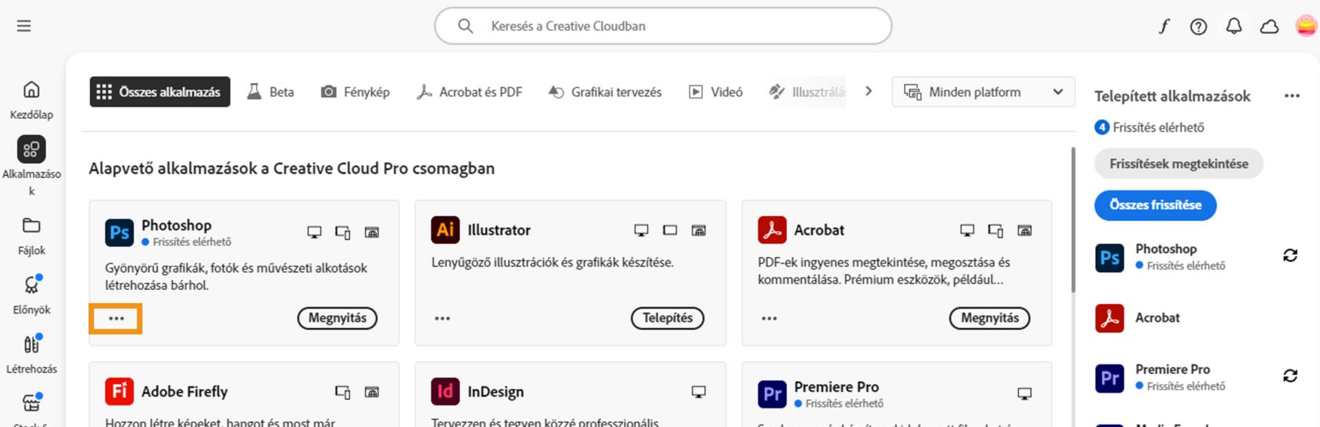 Az Összes alkalmazás lapon az összes Creative Cloud alkalmazás látható, az egyes alkalmazásokhoz tartozó három pont gombbal.