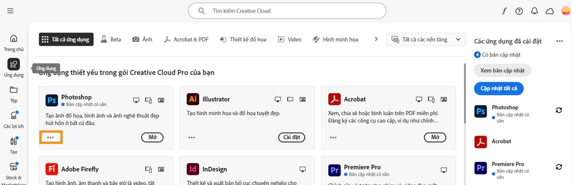 Tab Tất cả ứng dụng hiển thị tất cả ứng dụng Creative Cloud với nút ba dấu chấm cho mỗi ứng dụng.
