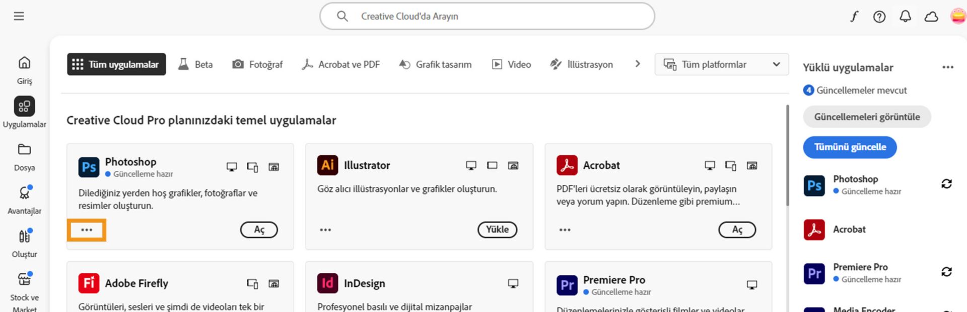 Her uygulama için üç nokta düğmesiyle tüm Creative Cloud uygulamalarının gösterildiği Tüm uygulamalar sekmesi.