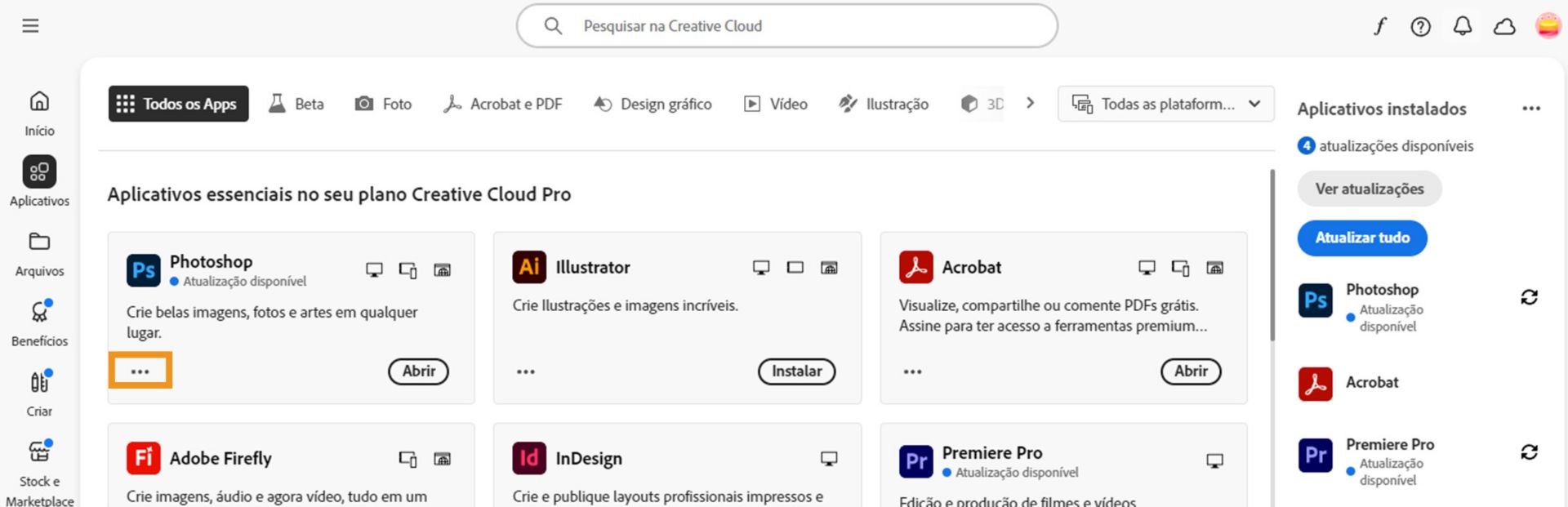 A guia Todos os aplicativos mostrando todos os aplicativos da Creative Cloud com o botão de três pontos para cada aplicativo.