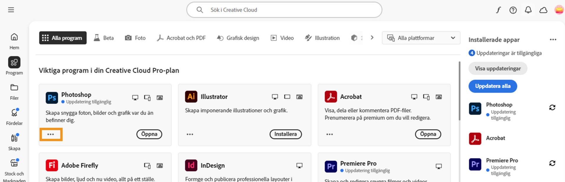 Fliken Alla program med alla Creative Cloud-appar och knappen med tre punkter för varje app.