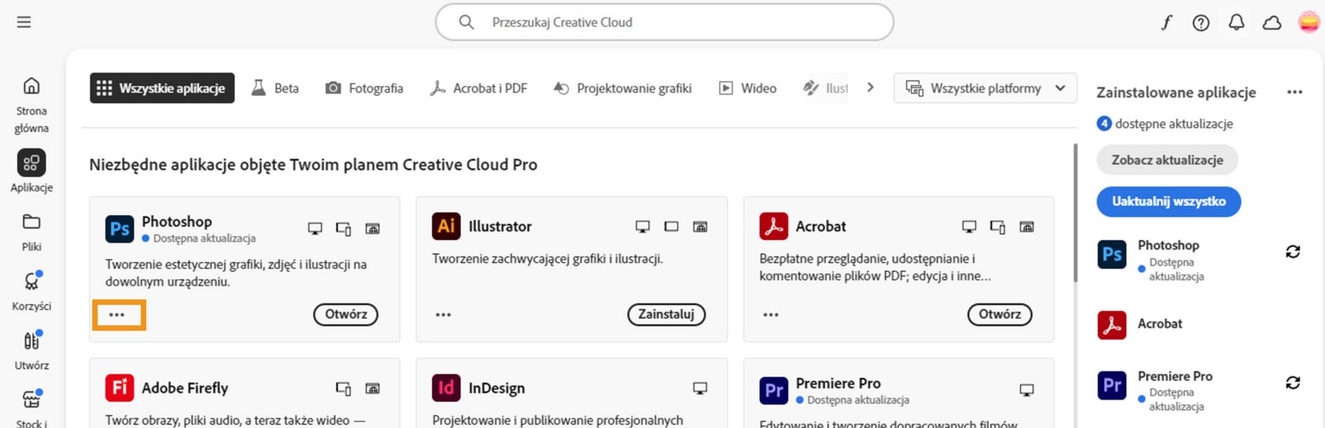 Karta Wszystkie aplikacje z widocznymi wszystkimi aplikacjami Creative Cloud i przyciskiem z trzema kropkami przy każdej aplikacji.