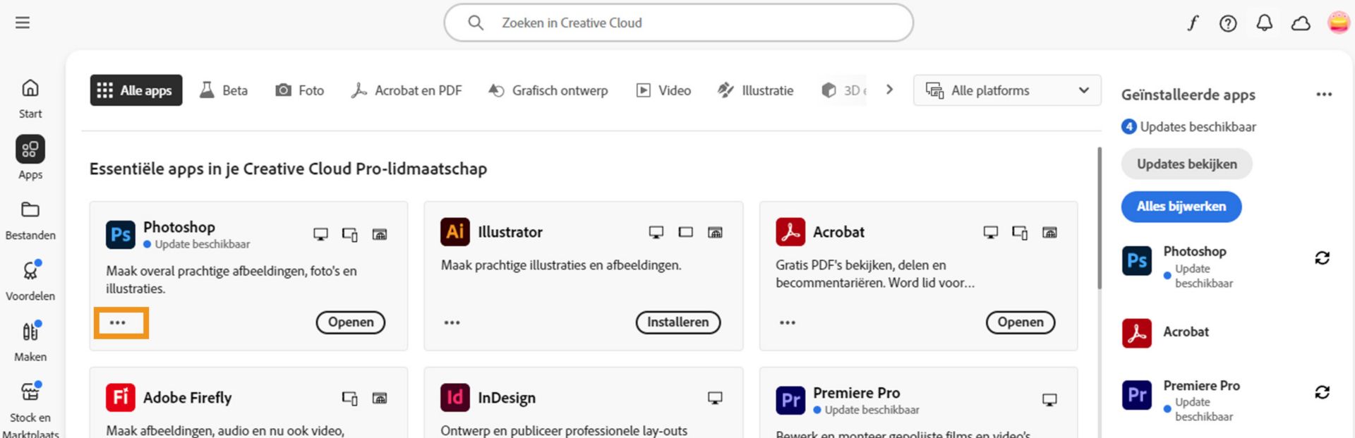Het tabblad Alle apps met alle Creative Cloud-apps en de knop met drie puntjes voor elke app.
