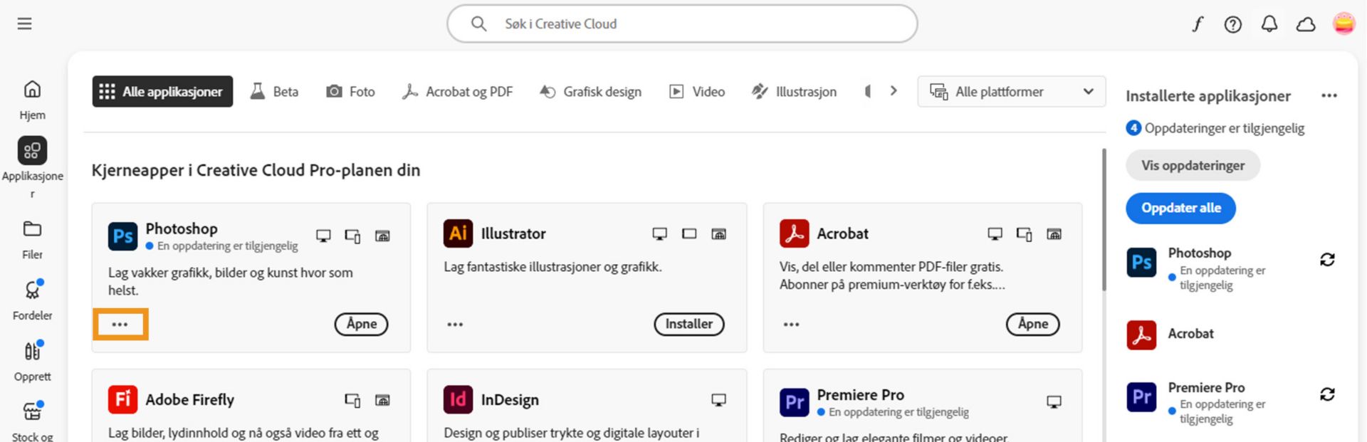 Fanen &quot;Alle applikasjoner&quot; viser alle Creative Cloud-applikasjonene, og hver applikasjon blir vist med knappen med tre prikker.