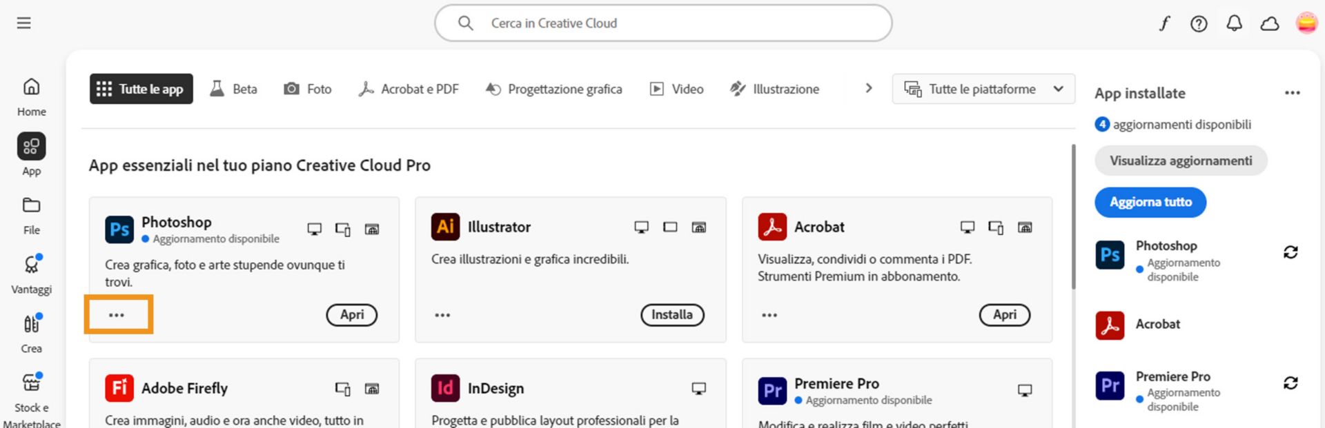La scheda Tutte le applicazioni che mostra tutte le app Creative Cloud con il pulsante a tre punti per ciascuna app.