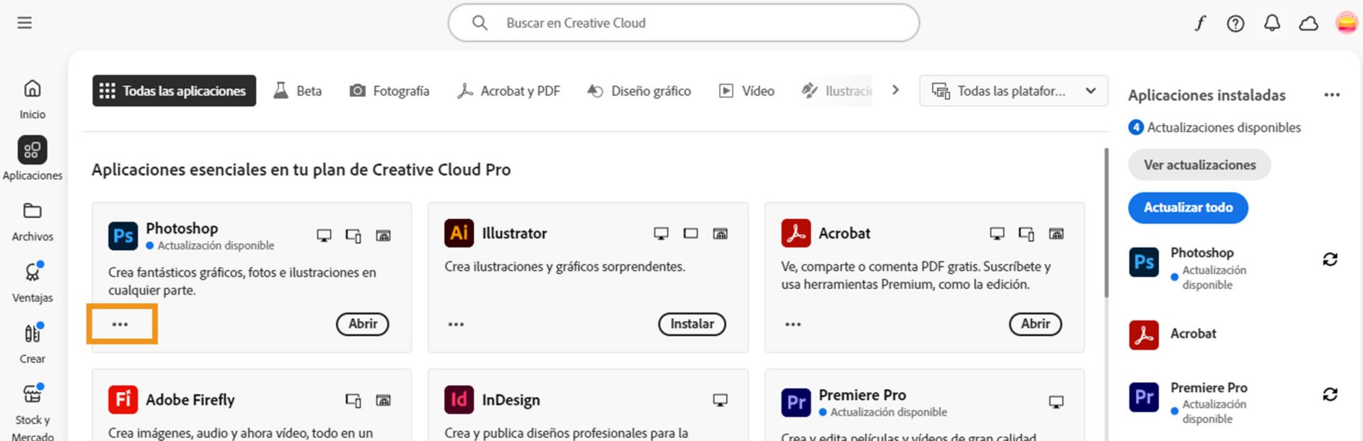 Pestaña de Todas las aplicaciones que muestra todas las aplicaciones de Creative Cloud con el botón de tres puntos para cada una de ellas.