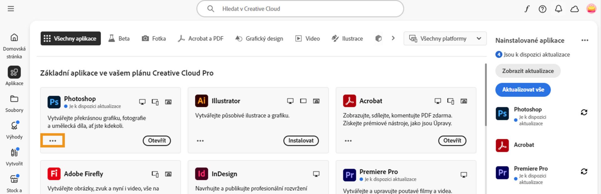 Karta Všechny aplikace zobrazující všechny aplikace Creative Cloud s tlačítkem se třemi tečkami pro každou aplikaci.