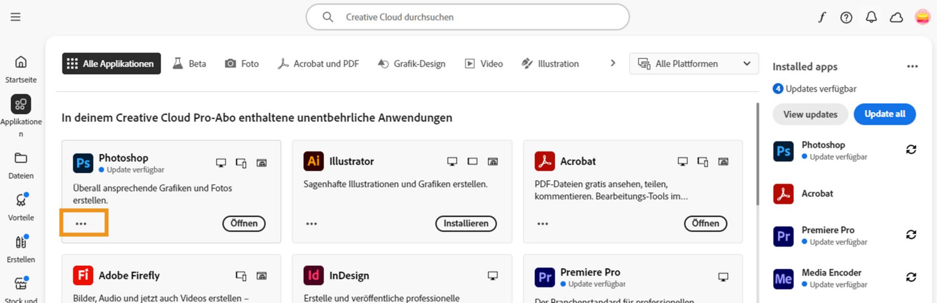 Auf der Registerkarte „Alle Applikationen“ wird für jede Creative Cloud-Applikation eine Schaltfläche mit drei Punkten angezeigt.
