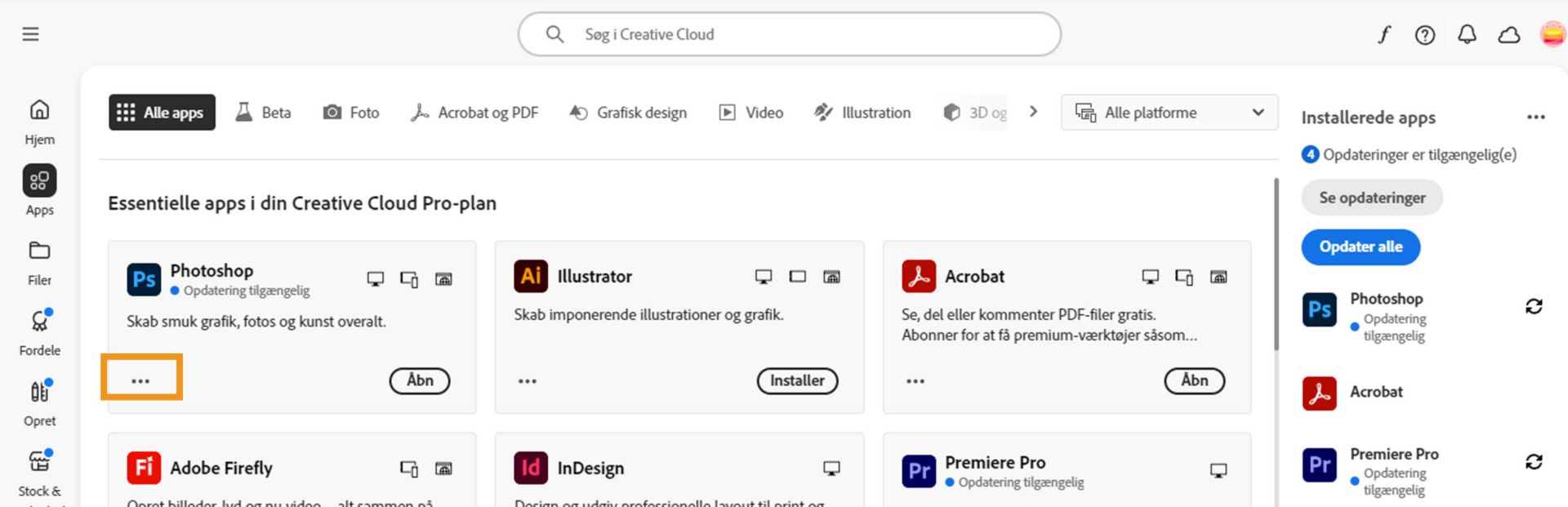 Fanen Alle apps, der vises alle Creative Cloud-apps med knappen med de tre prikker for hver app.