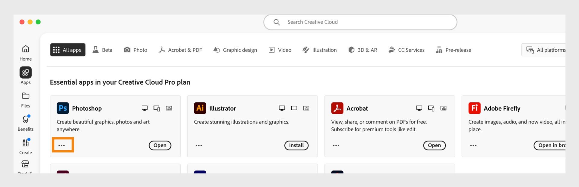 הכרטיסייה All apps המציגה את כל היישומים של Creative Cloud עם לחצן שלוש הנקודות עבור כל יישום.
