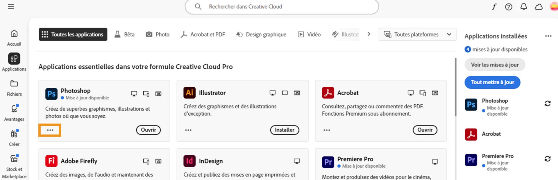 L’onglet Toutes les applications affichant toutes les applications Creative Cloud avec le bouton à trois points pour chaque application.