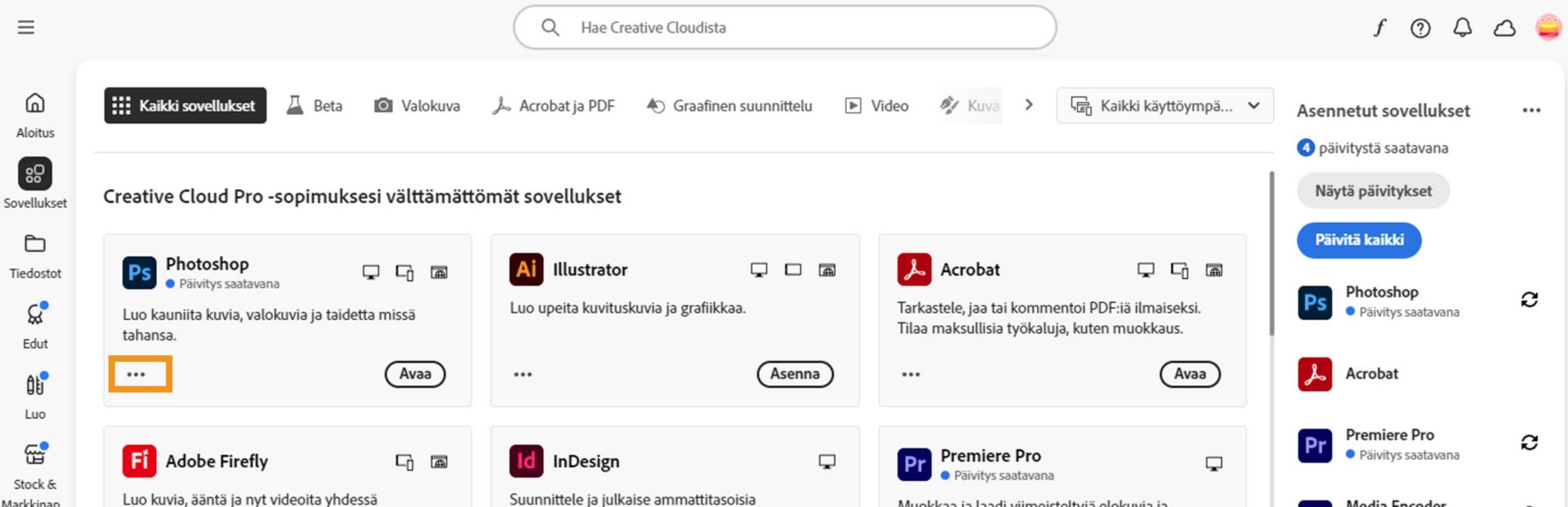 Kaikki sovellukset ‑välilehti, jossa näkyvät kaikki Creative Cloud ‑sovellukset, ja kunkin sovelluksen kohdalla on kolmen pisteen painike.