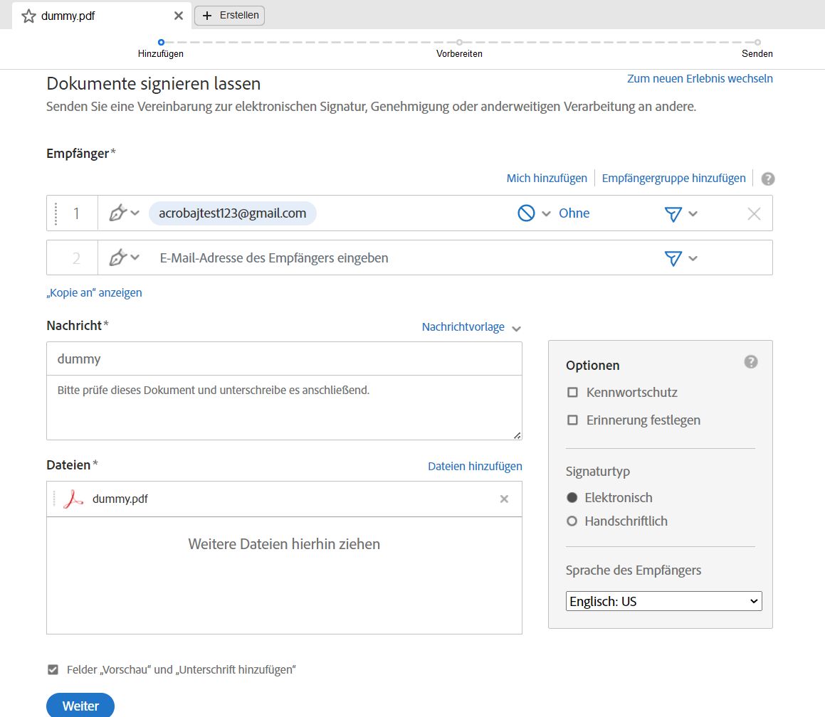 Erweiterte Optionen für die Unterzeichnung von Vereinbarungen festlegen.