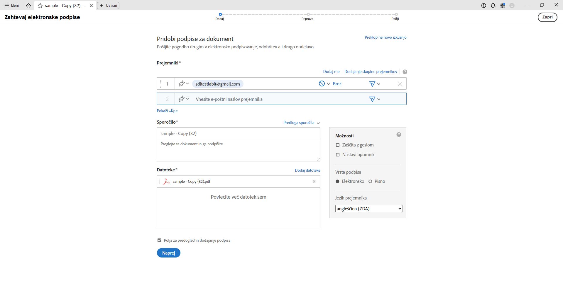 Nastavite napredne možnosti za podpisovanje pogodb.