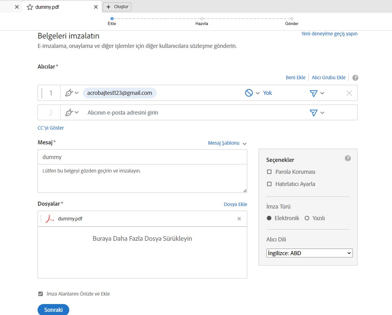 Sözleşme imzalama için gelişmiş seçenekleri ayarlayın.