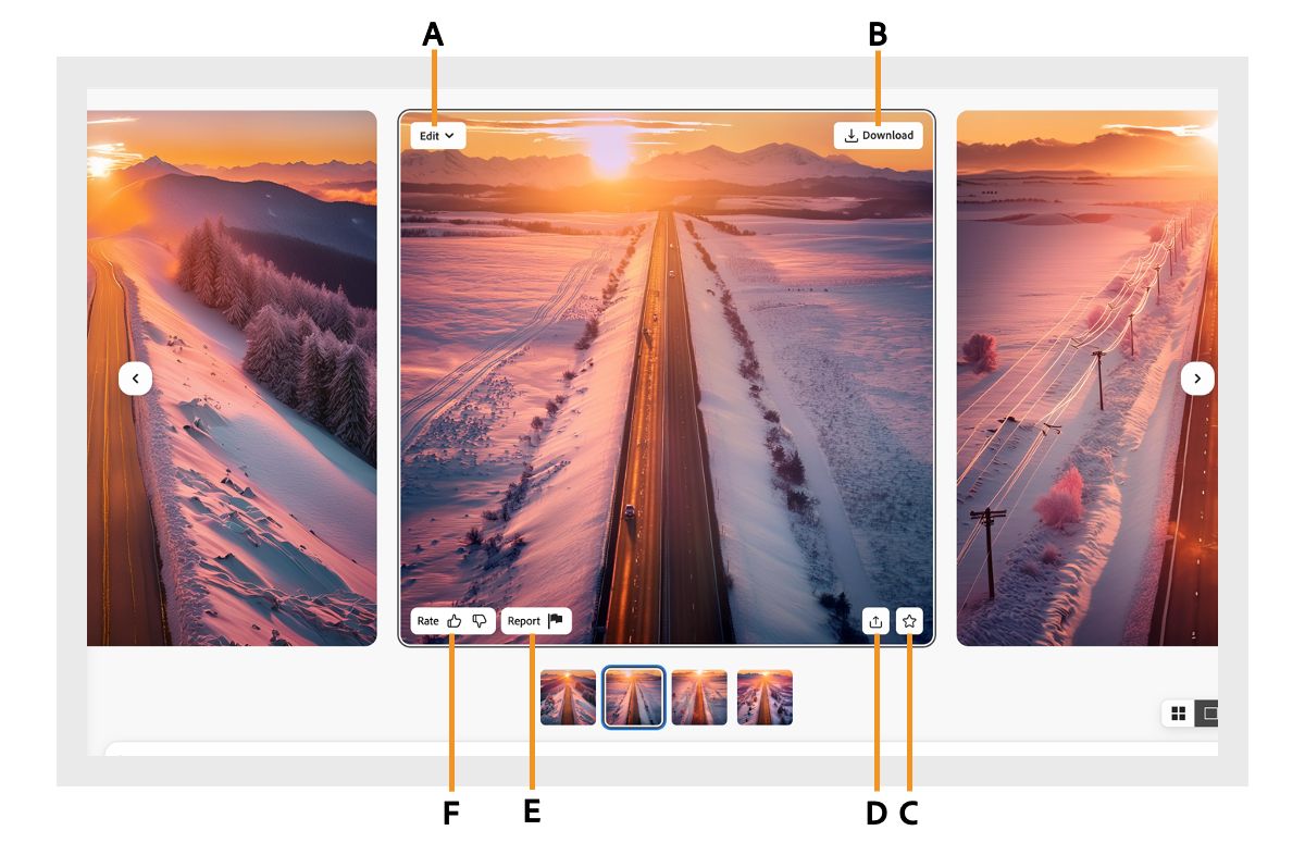 A generated image displays different options, such as edit or share, when you hover over an image generated with Firefly.