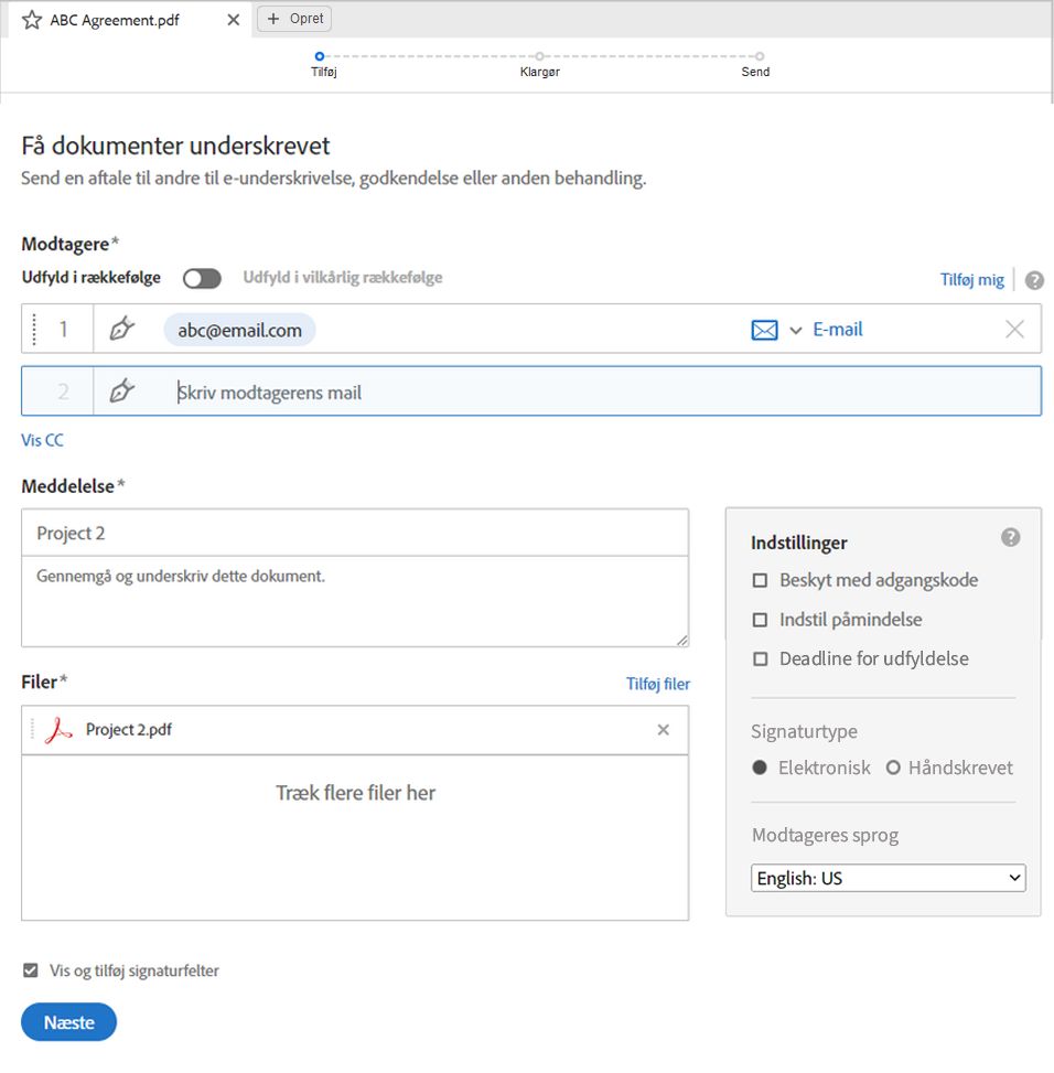 Angiv avancerede indstillinger for aftaleunderskrivelse.