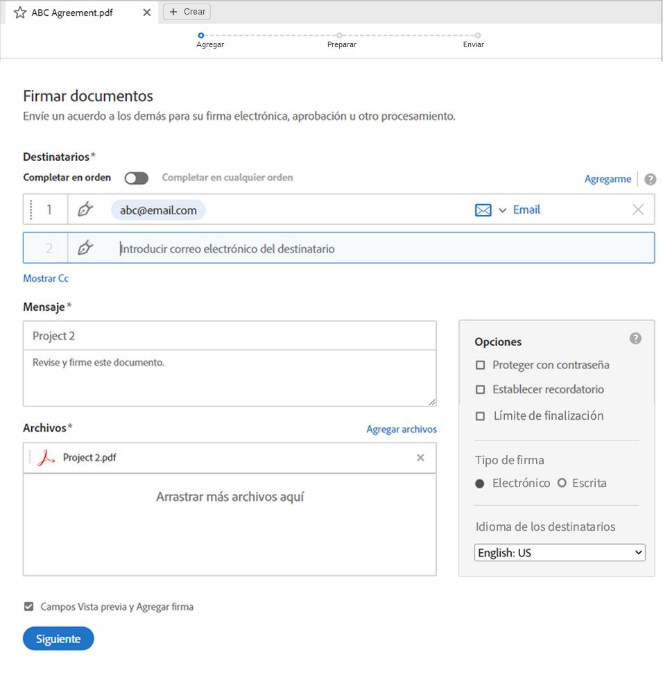 Defina las opciones avanzadas para la firma del acuerdo.