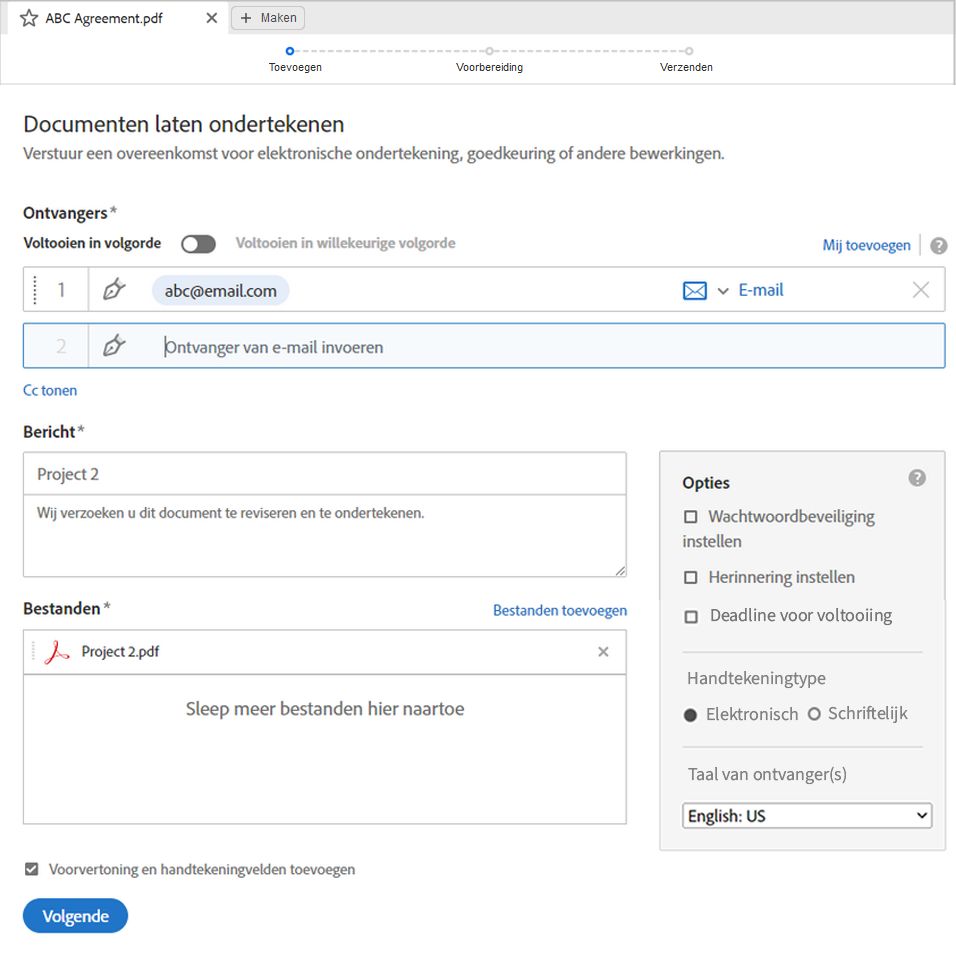 Stel geavanceerde opties in voor het ondertekenen van overeenkomsten.