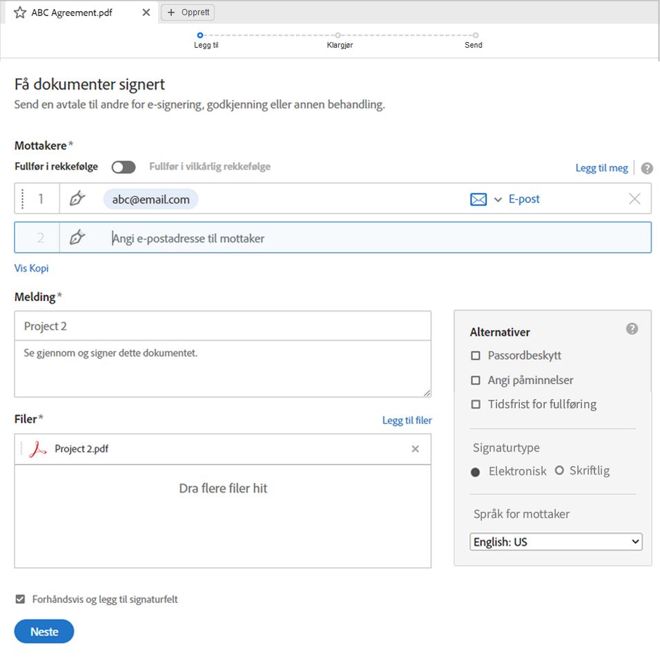 Angi avanserte alternativer for avtalesignering.