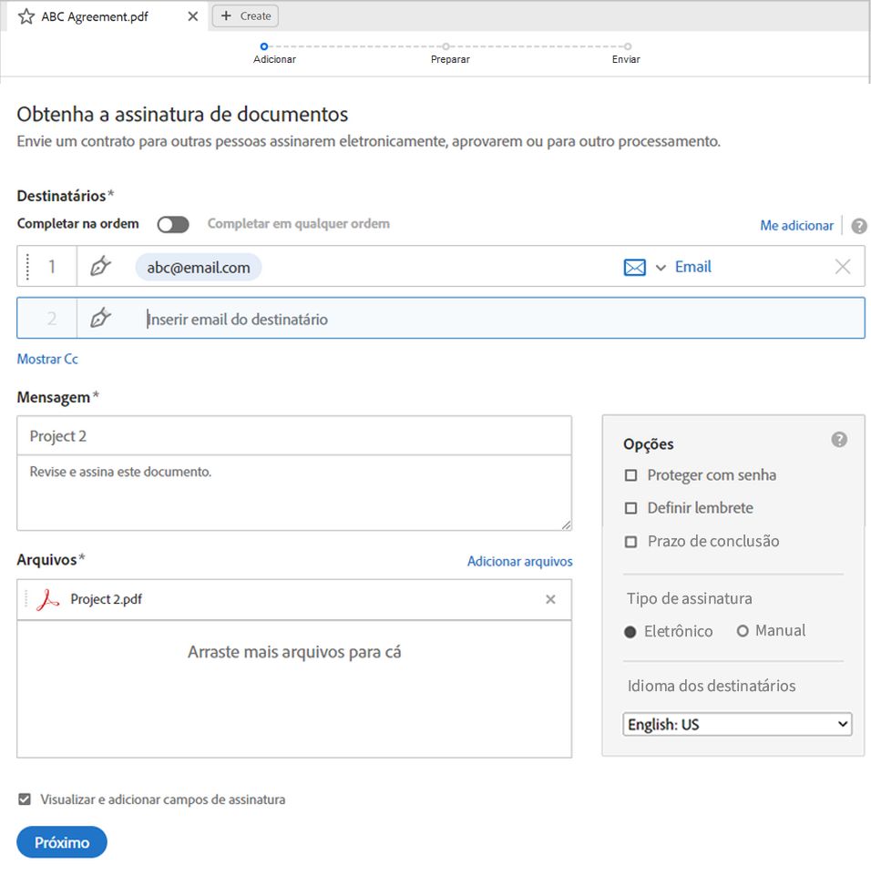 Defina as opções avançadas para a assinatura do contrato.