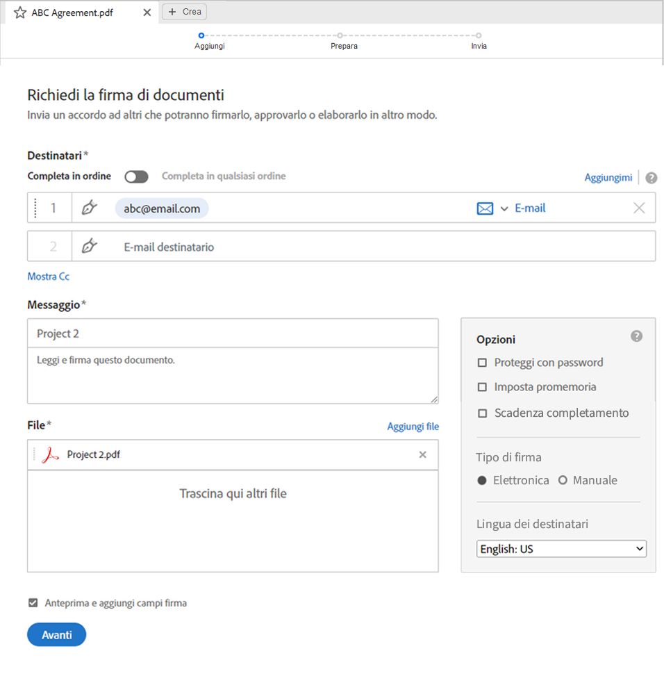Impostare le opzioni avanzate per la firma dell’accordo.