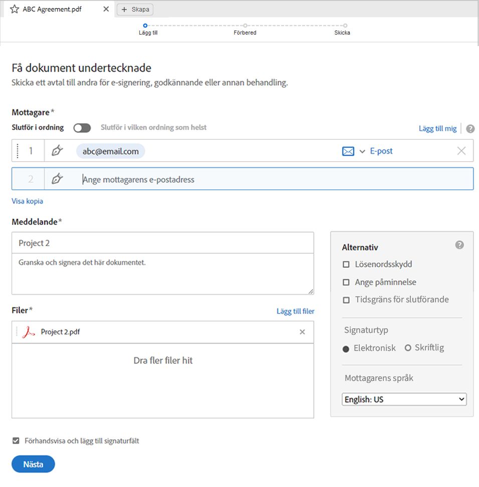Ange avancerade alternativ för signering av avtal.