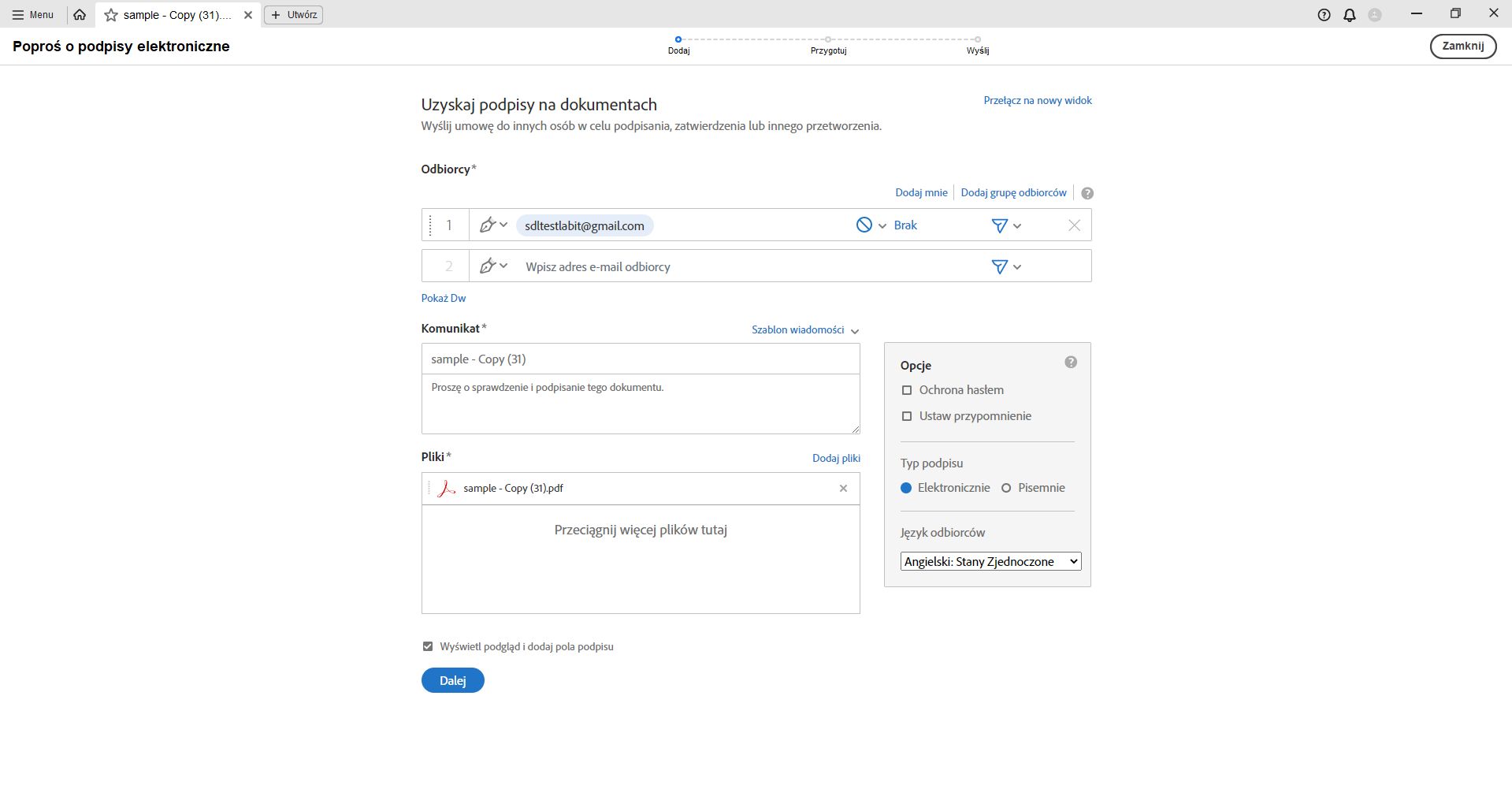 Ustaw zaawansowane opcje podpisywania umowy.