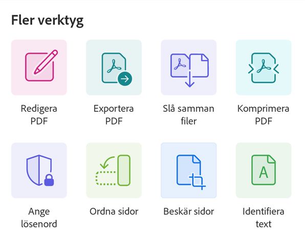 Menyn Fler verktyg i Android-appen Acrobat
