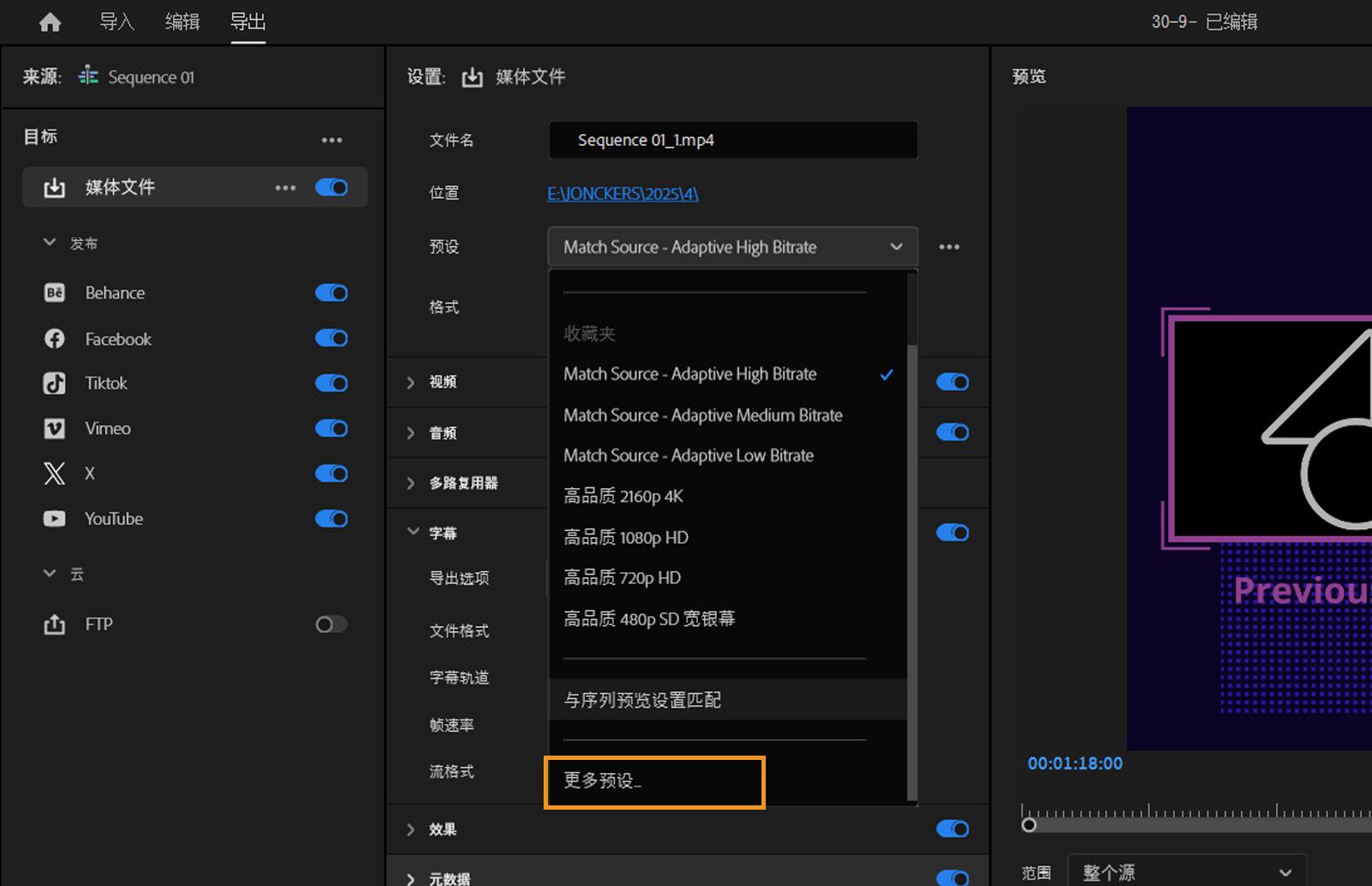 此时会显示“预设”下拉菜单，选择所需的预设。 选择“更多预设”可打开预设管理器并管理您的预设。