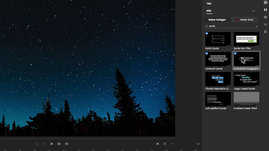 Zitatvorlagen werden nach Eingabe des Worts „Zitat“ im Suchfeld in Premiere Rush geladen. 