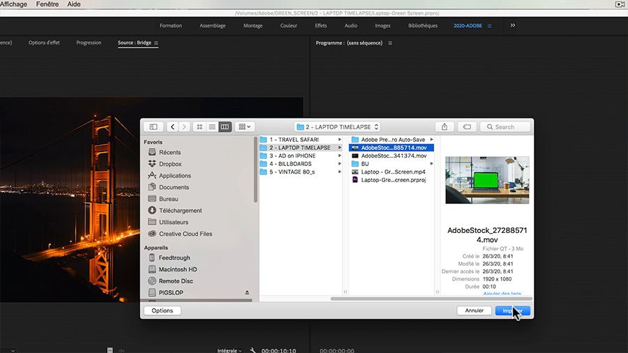 Dans une capture d'écran d'Adobe Premiere Pro sur ordinateur, ouverture d'un dossier nommé « Laptop Timelapse » dans le Finder pour sélectionner le fichier vidéo Adobe Stock à importer