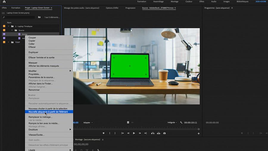 Dans une capture d'écran d'Adobe Premiere Pro sur ordinateur, sélection de Nouvelle séquence à partir de l'élément dans une boîte de dialogue du panneau Projet