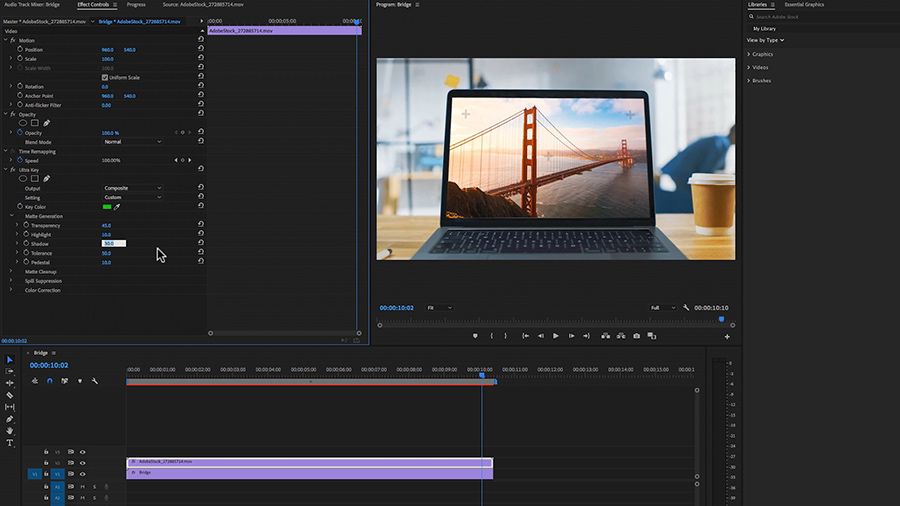 Adobe Premiere Proデスクトップのスクリーンショット、編集者がエフェクトコントロールパネルの「マットの生成」でシャドウの設定を調整している