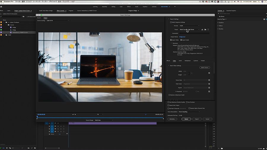 Adobe Premiere Proデスクトップのスクリーンショット、編集者が書き出しダイアログボックスの「H.264」設定で、1080p HD Vimeoプリセットを選択している