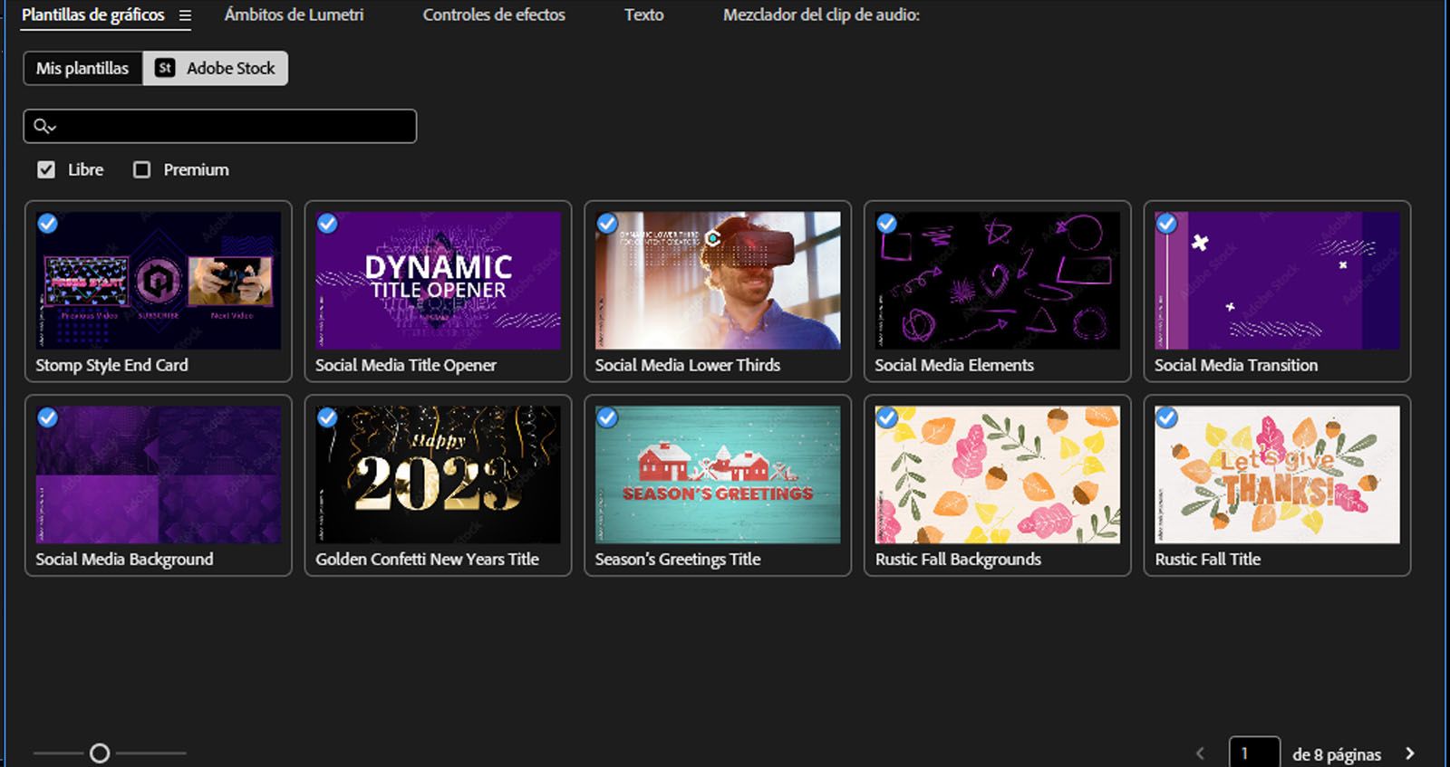 El panel de plantillas de gráficos se abre y muestra las plantillas de gráficos animados de Adobe Stock. 