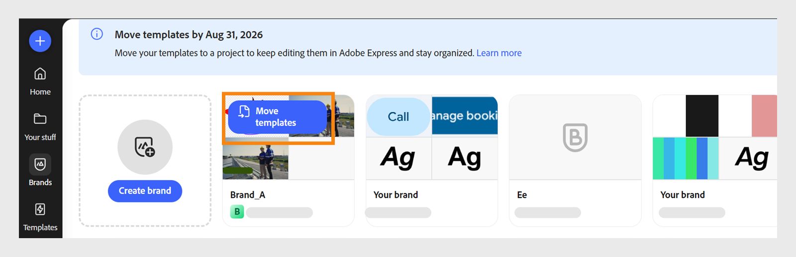 La imagen muestra el panel de marca con la lista de marcas en la aplicación Adobe Express.Seleccione el botón Mover plantillas resaltado en color azul en la marca que desea mover. 