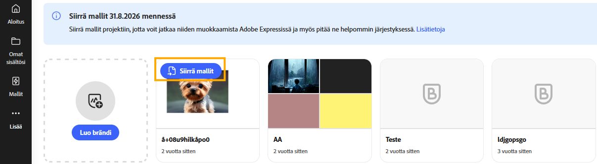 Kuva näyttää Brändi-paneelin, jossa on luettelo Adobe Express -sovelluksesi brändeistä.Valitse sinisellä korostettu Siirrä mallit -painike siirrettävän brändin kohdalla. 