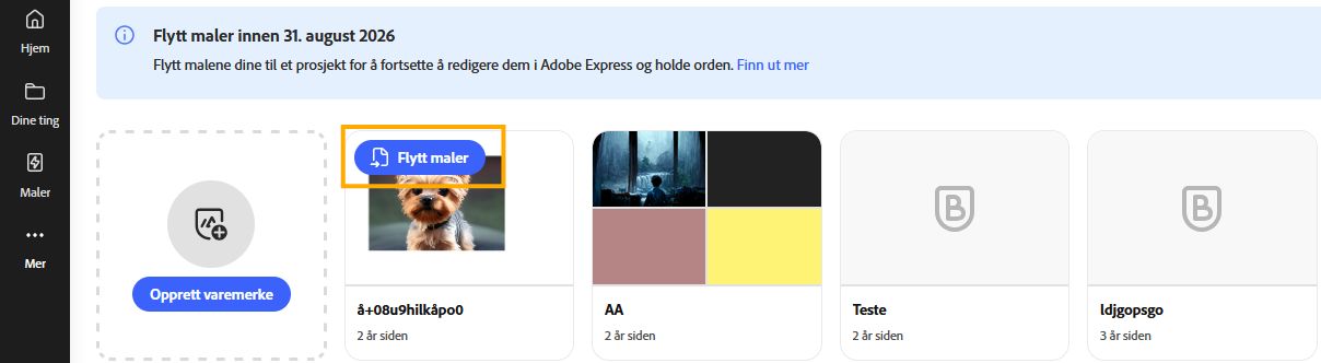 Bildet viser merkepanelet med listen over merker i Adobe Express-appen. Velg knappen Flytt maler som er uthevet i blå farge på merket du vil flytte. 
