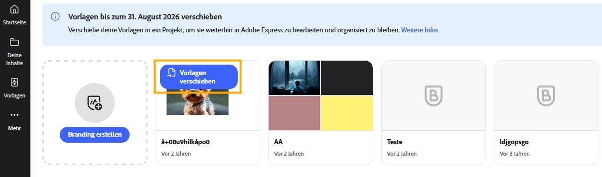 Das Bild zeigt das Bedienfeld „Brand“ mit der Liste der Brands in deiner Adobe Express-App.Wähle den blau hervorgehobenen Button „Vorlagen verschieben" bei der Brand aus, die du verschieben möchtest.