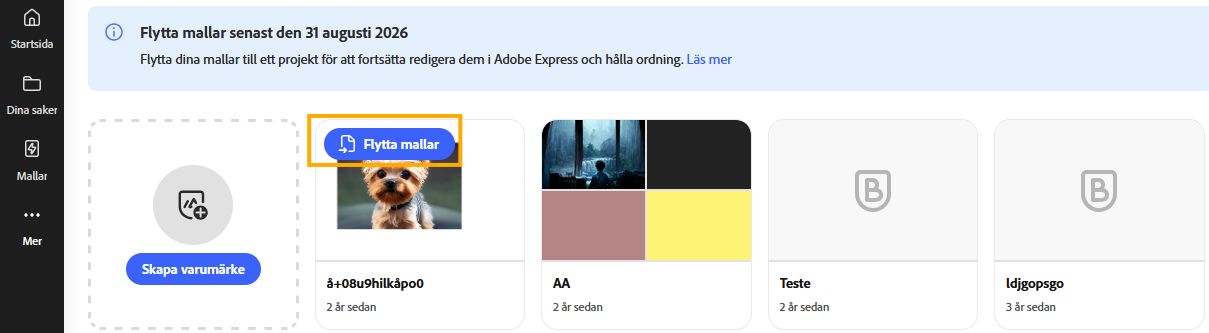 Bilden visar Varumärke-panelen med listan över varumärken i din Adobe Express-app. Välj knappen Flytta mallar som är markerad i blått på det varumärke du vill flytta.