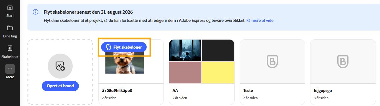 Billedet viser panelet Brand med listen over brands i din Adobe Express-app. Vælg knappen Flyt skabeloner, der er fremhævet med blå farve på det brand, du vil flytte. 