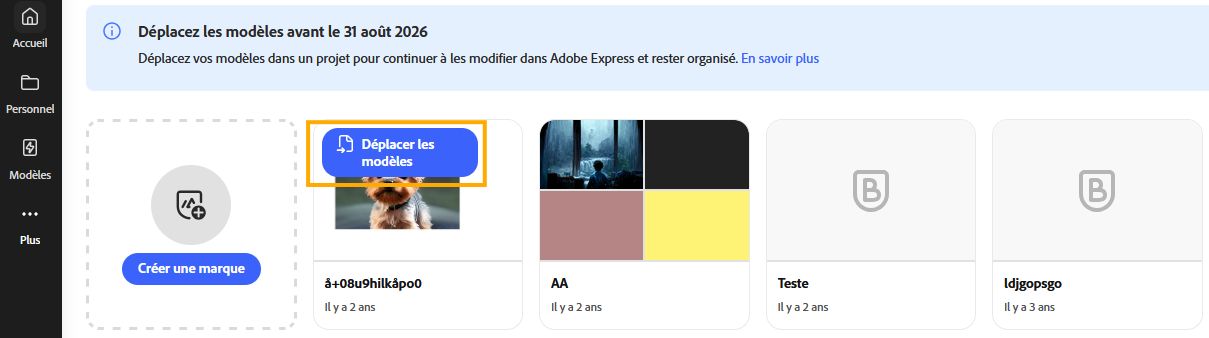 L’image affiche le panneau Marque avec la liste des marques figurant dans votre application Adobe Express. Sélectionnez le bouton Déplacer les modèles mis en évidence en bleu sur la marque que vous souhaitez déplacer. 