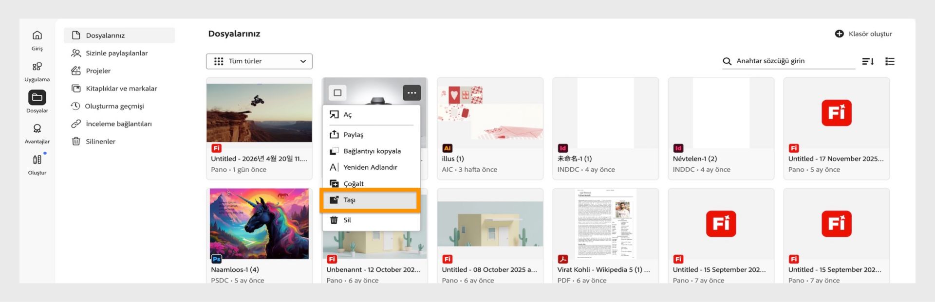 Seçili belgeyi yeniden konumlandırmak için Taşı seçeneği vurgulanmış şekilde, dosyanın seçenekler menüsü açık olan Adobe web arabirimi