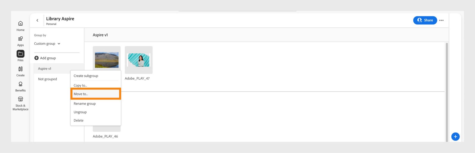 Het contextmenu van het bibliotheekelement, dat verschijnt wanneer je met de rechtermuisknop op een bibliotheekelement klikt, biedt de optie om het bibliotheekelement te verplaatsen.