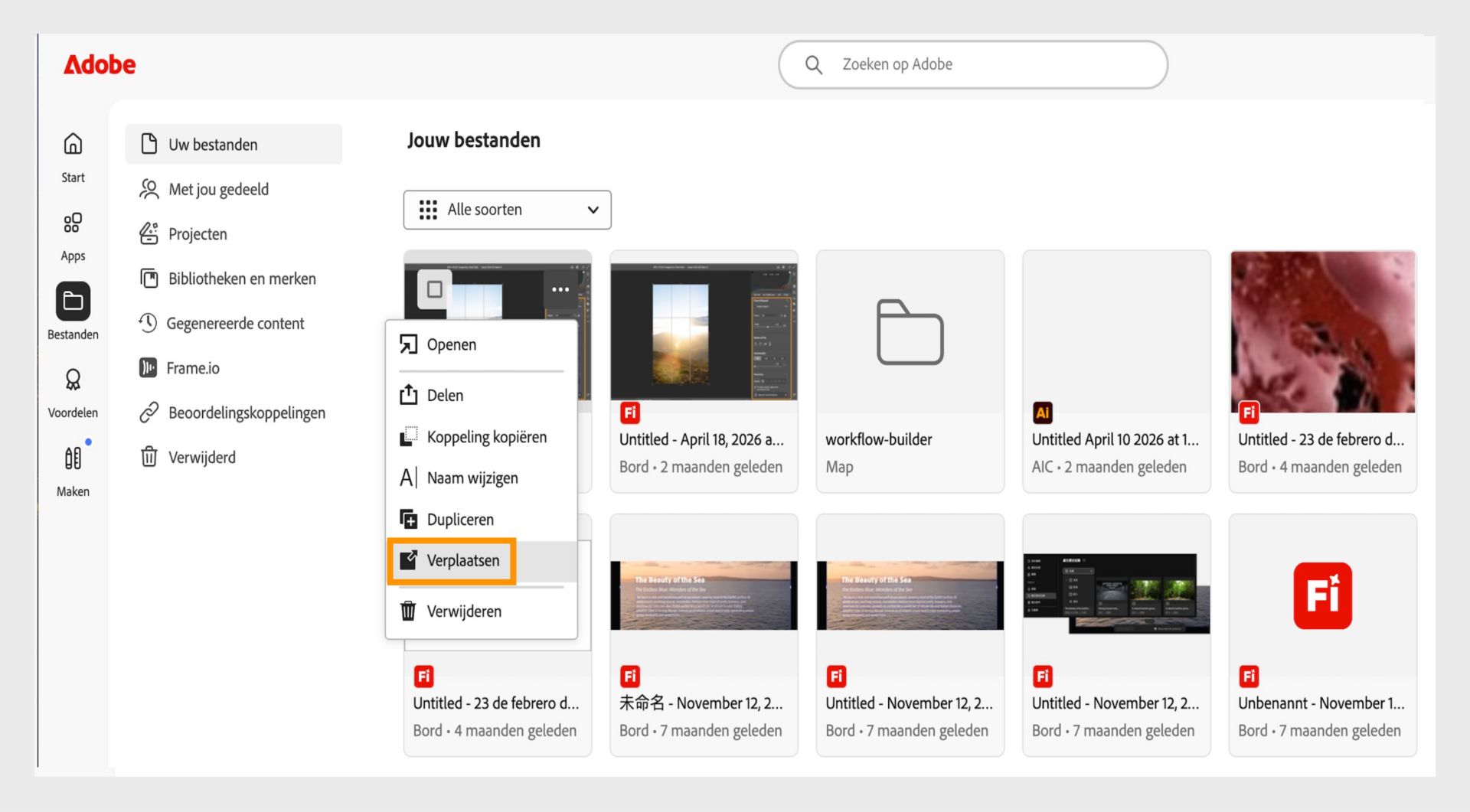 Adobe web-interface met het options-menu van een bestand geopend, waarbij de optie Verplaatsen is gemarkeerd voor het verplaatsen van het geselecteerde document.